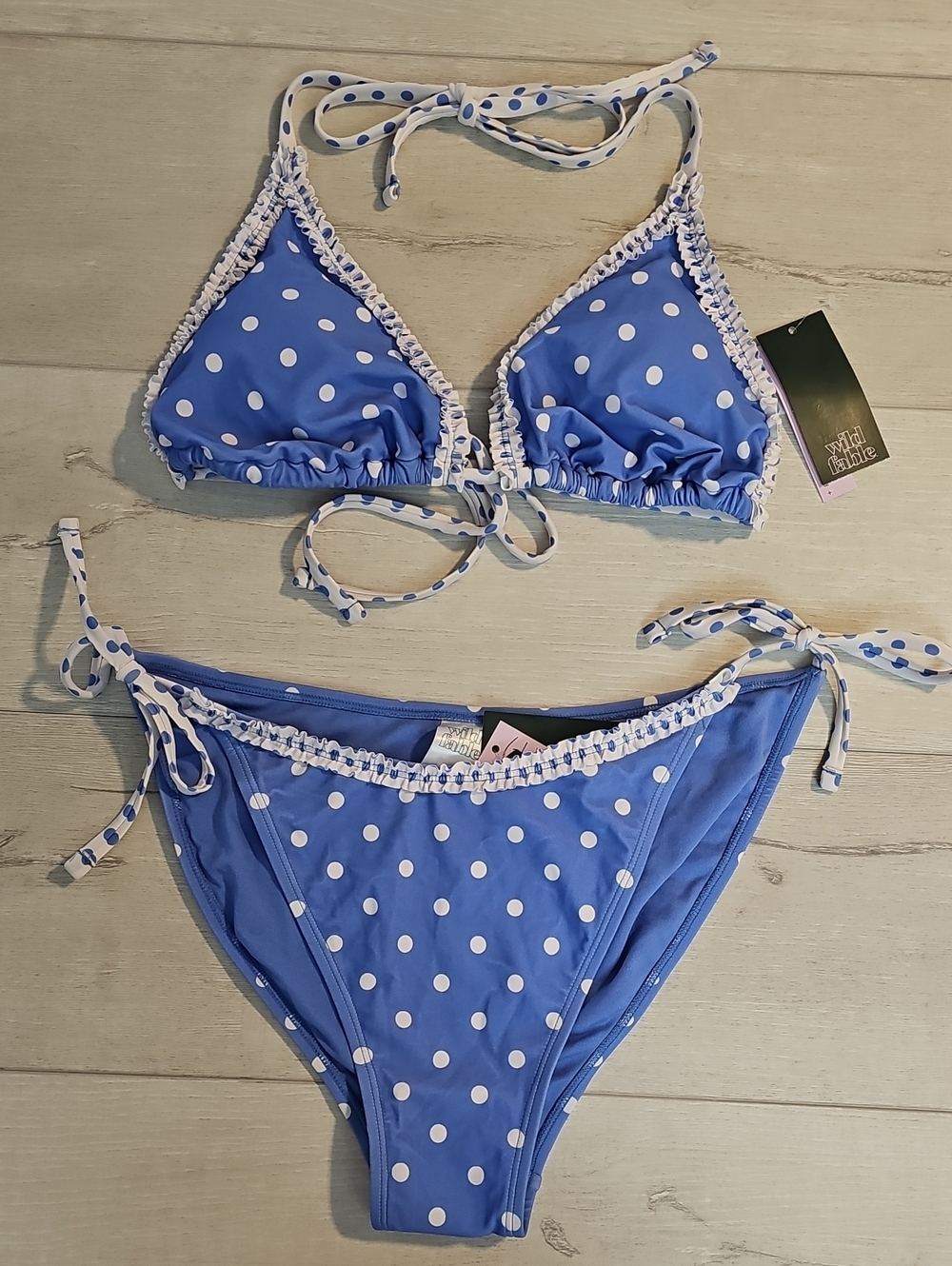 Wild Fable Women's L Blue & White Polka Dot Tie-Side Bikini Set